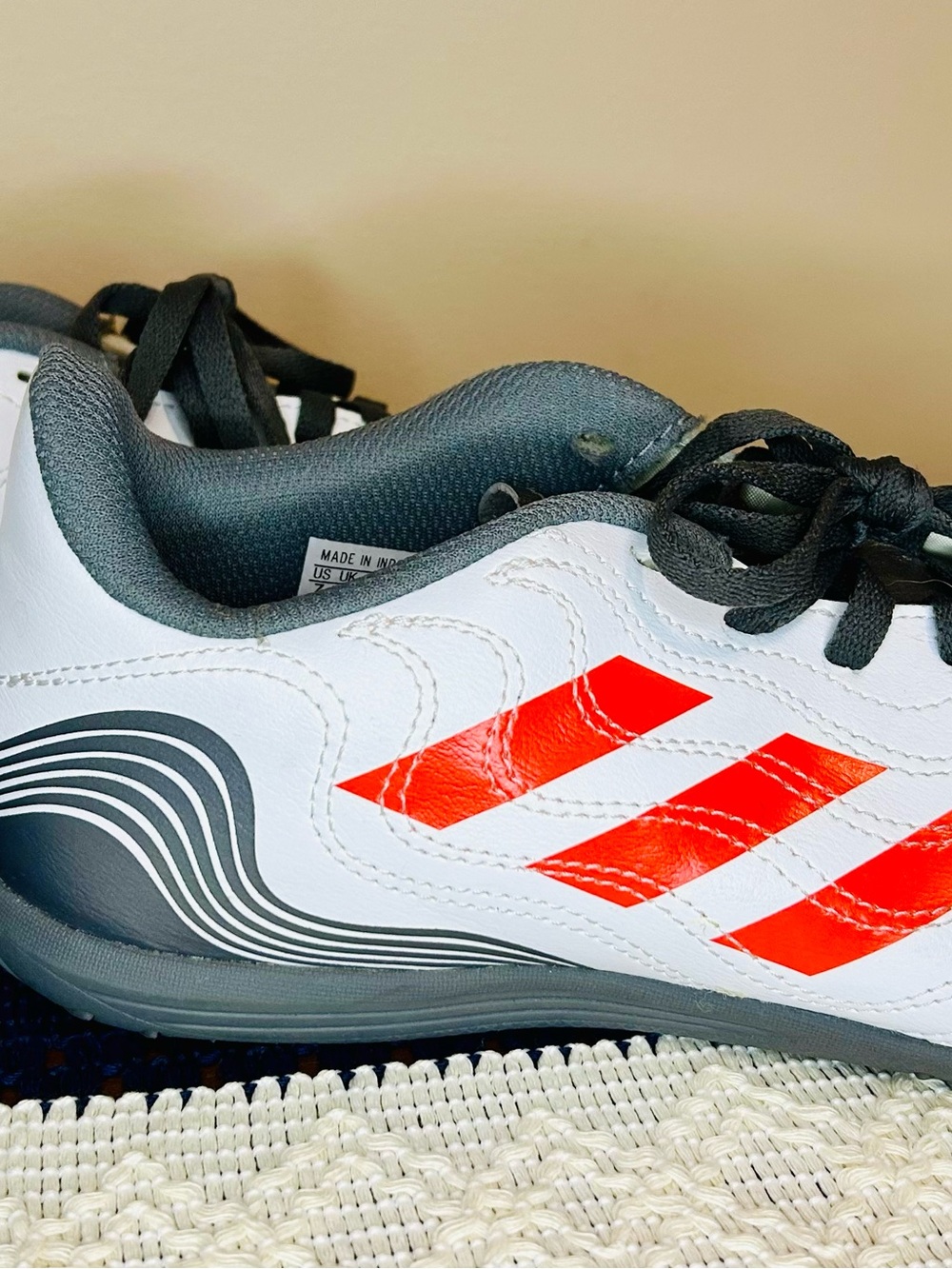 Adidas White and Red Soccer Shoes with Gray Accents
